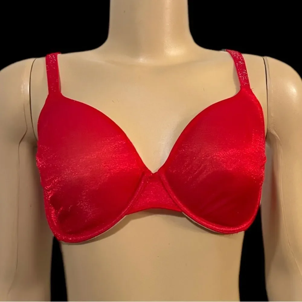 Victoria’s Secret Lined Perfect Coverage underwire Shine mesh bra Red 32DD